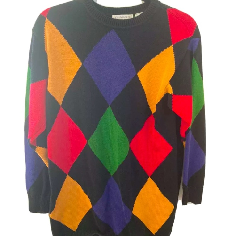 Vintage 90s Liz Claiborne Sweater Diamond Print multi-color MEDIUM ♦️🔸🔷